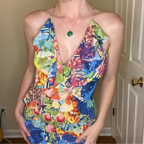 NWOT Badgley Mischka Vibrant Floral Midi Ruffle Dress - Picture 3 of 14